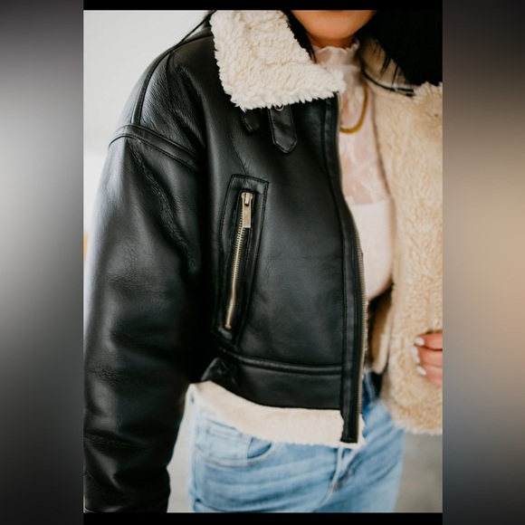 Sweet Look Faux Leather Bomber Jacket Size Large Black Cropped Style Relaxed Fit - Picture 1 of 15